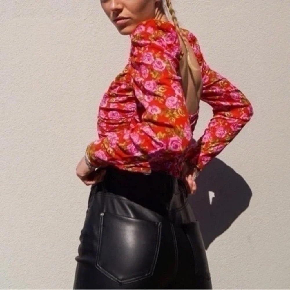Zara Floral Draped Long Sleeve Bustier Style Crop Top, Size S - Picture 3 of 12